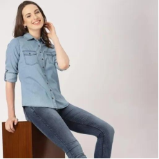 Womens Denim Solid Casual Shirt Blue 